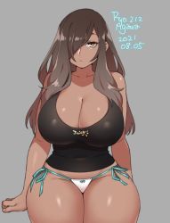 Rule 34 | 1girl, agawa ryou, aqua panties, arms behind back, artist name, bare shoulders, black shirt, breasts, brown hair, cleavage, collarbone, commentary, cowboy shot, dark-skinned female, dark skin, dated, english commentary, grey background, groin, hair over one eye, huge breasts, light frown, long hair, multicolored clothes, multicolored panties, numbered, original, panties, shirt, side-tie panties, sidelocks, simple background, solo, swept bangs, tank top, thick thighs, thighs, underwear, white panties, wide hips, yellow eyes