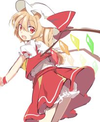 Rule 34 | 1girl, :d, ascot, blonde hair, bloomers, blush, bow, collared shirt, cowboy shot, crystal, fang, flandre scarlet, frilled shirt collar, frilled skirt, frilled sleeves, frills, from behind, hair between eyes, hat, hat bow, looking at viewer, looking back, medium hair, mob cap, one side up, open mouth, paragasu (parags112), puffy short sleeves, puffy sleeves, red bow, red eyes, red skirt, red vest, shirt, short sleeves, side ponytail, sidelocks, simple background, skirt, skirt set, smile, solo, touhou, underwear, vest, white background, white bloomers, white hat, white shirt, wings, wrist cuffs, yellow ascot