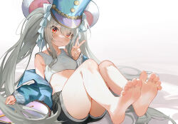 Rule 34 | 1girl, animal ears, bare legs, barefoot, black shorts, blue jacket, character request, copyright request, drive shot, feet, foot focus, full body, hat, highres, jacket, legs, long hair, looking at viewer, moose ears, original, red eyes, shorts, smile, soles, tank top, toes, twintails
