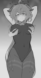 Rule 34 | 1girl, 1other, absurdres, ahoge, arms behind head, arms up, bell, blush, grabbing another&#039;s breast, covered navel, ganyu (genshin impact), genshin impact, grabbing, grabbing from behind, greyscale, groping, hair between eyes, heart, highres, horns, leotard, monochrome, neck bell, open mouth, pantyhose, sally (luna-arts), simple background, standing, thighs