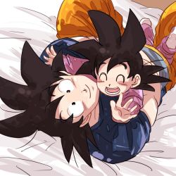 Rule 34 | 2boys, bed, bed sheet, black eyes, black hair, child, closed eyes, dragon ball, dragonball z, father and son, happy, hug, looking at viewer, lying, male focus, miiko (drops7), multiple boys, open mouth, outstretched hand, short hair, smile, son goku, son goten, spiked hair, upside-down