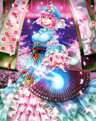 Rule 34 | 1girl, breasts, cherry blossoms, dual wielding, hand fan, female focus, folding fan, ghost, hat, hitodama, holding, japanese clothes, large breasts, lips, lipstick, makeup, nagare, night, obi, petals, pink eyes, pink hair, ribbon, saigyouji yuyuko, sash, scroll, short hair, smile, solo, standing, touhou, triangular headpiece