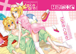 Rule 34 | 1boy, 1girl, ass, barefoot, blue eyes, brother and sister, drugs, feet, hetero, incest, kagamine len, kagamine rin, kitano tomotoshi, legs, looking back, nurse, open clothes, open shirt, pill, shirt, siblings, thermometer, thighhighs, twincest, twins, vocaloid