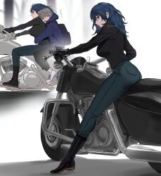 Rule 34 | 1boy, 1girl, alternate costume, ashe ubert, ass, black footwear, black gloves, black pants, black shirt, blue eyes, blue hair, blue hoodie, boots, breasts, byleth (female) (fire emblem), byleth (fire emblem), closed mouth, commentary request, contemporary, denim, fire emblem, fire emblem: three houses, flying sweatdrops, from side, gloves, green eyes, grey hair, highres, hood, hood down, hoodie, hug, hug from behind, jeans, large breasts, long hair, long sleeves, looking at viewer, motor vehicle, motorcycle, nintendo, pants, pocket, profile, riding, shirt, shoes, short hair, sitting, sneakers, twitter username, ushiomi, white footwear