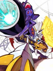 Rule 34 | analog boy02, arm blade, arm cannon, artist request, blue eyes, cannon, cape, digimon, digimon (creature), energy barrier, energy shield, highres, mecha, missile, no humans, omegamon, robot, shield, sword, tagme, weapon