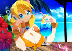 Rule 34 | alia (mega man), bare shoulders, beach, bikini, blonde hair, blue eyes, blue sky, breasts, cleavage, cocktail, drinking straw, flower, hand on own face, kaidou zx, large breasts, looking at viewer, medium hair, mega man (series), mega man x (series), mega man x dive, ocean, official art, orange bikini, palm tree, robot ears, robot girl, sky, swimsuit, table, tree, upper body, wooden table