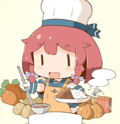 Rule 34 | 1girl, adapted costume, anchor symbol, apron, blue sailor collar, bob cut, braid, buttons, can, carrot, chef hat, cooking, curry, curry rice, etorofu (kancolle), food, gloves, hanomido, hat, kantai collection, ladle, onion, open mouth, pot, potato, red hair, rice, sailor collar, school uniform, serafuku, side braid, simple background, smile, solo, thick eyebrows, toque blanche, twin braids, white background, white gloves, yellow apron, | |