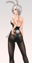 Rule 34 | 1girl, adjusting clothes, adjusting leotard, animal ears, arm at side, backless outfit, bare shoulders, battle bunny riven, belt, black pantyhose, breasts, cowboy shot, dated, fake animal ears, from behind, grey background, highres, league of legends, leotard, lips, looking at viewer, looking back, mr yah, open mouth, pantyhose, playboy bunny, rabbit ears, rabbit tail, red eyes, riven (league of legends), short hair, sideboob, signature, solo, tail