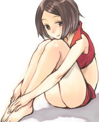 Rule 34 | 1girl, ass, bare shoulders, brown eyes, brown hair, closed mouth, cropped vest, duplicate, female focus, full body, gk, gradient background, knees to chest, knees up, legs together, looking at viewer, meiko (vocaloid), red shorts, red vest, short hair, short shorts, shorts, simple background, sketch, smile, solo, swept bangs, tareme, vest, vocaloid, white background