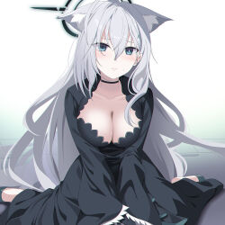 Rule 34 | 1girl, animal ear fluff, animal ears, black choker, black dress, blue archive, blue eyes, blush, breasts, choker, cleavage, commentary, dress, eko, extra ears, grey hair, halo, highres, large breasts, long hair, looking at viewer, mismatched pupils, shiroko (blue archive), shiroko terror (blue archive), simple background, solo, wolf ears