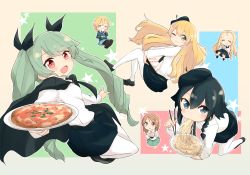 Rule 34 | 6+girls, :d, :t, ;), anchovy (girls und panzer), anglerfish, anzio school uniform, baozi, barashiya, bc freedom school uniform, beret, black cape, black dress, black eyes, black footwear, black hair, black headwear, black legwear, black neckwear, black skirt, blonde hair, blouse, blue skirt, blue sweater, braid, brown eyes, brown hair, cake, cape, carpaccio (girls und panzer), chibi, chopsticks, closed eyes, closed mouth, commentary, cup, darjeeling (girls und panzer), dress, dress shirt, drill hair, drinking, eating, fish, floating, food, gimp (medium), girls und panzer, green eyes, green hair, green skirt, hat, highres, holding, holding chopsticks, holding cup, holding plate, holding saucer, holding tray, loafers, long hair, long sleeves, looking at viewer, marie (girls und panzer), miniskirt, multicolored background, multiple girls, neckerchief, necktie, nishizumi miho, one eye closed, ooarai school uniform, open mouth, pantyhose, pasta, pepperoni (girls und panzer), pinafore dress, pizza, plate, pleated skirt, red eyes, sailor collar, saucer, school uniform, shirt, shoes, short dress, short hair, side braid, skirt, sleeveless, sleeveless dress, smile, st. gloriana&#039;s school uniform, star (symbol), stitched, sweater, teacup, third-party edit, tray, twin braids, twin drills, twintails, white legwear, white sailor collar, white shirt, wing collar
