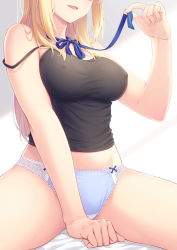 Rule 34 | 1girl, absurdres, bare arms, bare shoulders, between legs, black shirt, blue panties, blue ribbon, camisole, covered erect nipples, hand up, head out of frame, highres, holding, neck ribbon, no bra, no pants, ochiai miyabi, open mouth, original, panties, ribbon, shirt, sitting, sleeveless, sleeveless shirt, solo, spaghetti strap, spread legs, stomach, strap slip, taut clothes, taut shirt, thighs, underwear