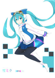 Rule 34 | 10s, 1girl, 2016, absurdres, aqua eyes, aqua hair, bad id, bad pixiv id, character name, goggles, goggles on head, hat, hatsune miku, highres, long hair, looking at viewer, pantyhose, skirt, solo, twintails, very long hair, vocaloid, white background, yuki miku