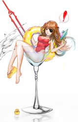 Rule 34 | !, 10s, 1girl, adapted costume, alcohol, bare legs, barefoot, bident, blue eyes, brown hair, cocktail, cocktail glass, cup, drink, drinking glass, evangelion: 3.0 you can (not) redo, eyepatch, feet, floating hair, full body, ghost, ghost (1213395573), hair ornament, highres, lance of longinus (evangelion), legs, lips, long hair, long legs, looking at viewer, neon genesis evangelion, one-piece swimsuit, orange hair, polearm, rebuild of evangelion, reflection, shoes, simple background, single shoe, sitting, solo, souryuu asuka langley, speech bubble, spoken exclamation mark, swimsuit, thighs, toes, water, wet, white background