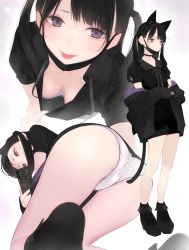 Rule 34 | 1girl, ama mitsuki, animal ears, ass, bare legs, black dress, black footwear, black hair, black jacket, black legwear, blush, bobby socks, breasts, brown eyes, cat ears, cat girl, cat tail, cellphone, cleavage, closed mouth, downblouse, dress, full body, heart, high heels, highres, jacket, long hair, long sleeves, looking at viewer, mary janes, mask, mask pull, medium breasts, mouth mask, multiple views, off shoulder, open clothes, open jacket, original, own hands together, panties, phone, platform footwear, selfie, shoes, short sleeves, simple background, smartphone, smile, socks, standing, tail, two side up, underwear, upskirt, white background, white panties