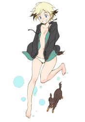 Rule 34 | 1girl, agahari, animal, black jacket, blonde hair, blue eyes, dog, dog tail, erica hartmann, highres, jacket, looking down, multicolored hair, panties, simple background, solo, tail, underwear, white background, white panties, world witches series