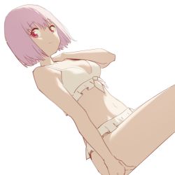 Rule 34 | 1girl, arm support, bare shoulders, bikini, bob cut, breasts, cleavage, closed mouth, collarbone, cowboy shot, dutch angle, frilled bikini, frills, gridman universe, hair between eyes, hand on own shoulder, hand up, highres, light purple hair, looking at viewer, medium breasts, navel, psylduck, red eyes, shinjou akane, short eyebrows, short hair, simple background, sitting, smile, solo, ssss.gridman, straight hair, swimsuit, white background, white bikini