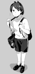 Rule 34 | 1girl, alternate costume, backpack, bag, banned artist, full body, greyscale, kantai collection, looking at viewer, makio (makiomeigenbot), monochrome, ponytail, school bag, shikinami (kancolle), shirt, short hair, shorts, socks, solo, standing, t-shirt