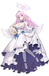 Rule 34 | 1girl, absurdres, blue archive, bouquet, breasts, cleavage, closed mouth, dress, flower, full body, halo, highres, hutosutoro, large breasts, long hair, looking at viewer, mika (blue archive), pantyhose, pink hair, white dress, white pantyhose