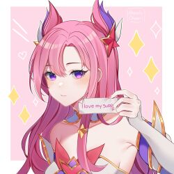 Rule 34 | 1girl, bare shoulders, blush, border, breasts, collarbone, detached sleeves, gem, grey sleeves, hair ornament, heart, highres, kai&#039;sa, large breasts, league of legends, long hair, looking at viewer, multicolored hair, nail polish, noodychaan, pink background, pink hair, pink nails, purple eyes, purple hair, solo, sparkle, star guardian kai&#039;sa, white border