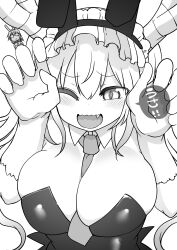 Rule 34 | 2girls, :d, absurdres, animal ears, bare shoulders, between breasts, blush, breasts, cleavage, cool-kyou shinja, detached collar, dragon girl, dragon horns, fake animal ears, fang, glasses, gloves, gradient hair, greyscale, hair between eyes, hands up, highres, horns, kobayashi-san chi no maidragon, kobayashi (maidragon), large breasts, leotard, long hair, looking at viewer, maid headdress, monochrome, multicolored hair, multiple girls, necktie, necktie between breasts, official art, one eye closed, open mouth, playboy bunny, rabbit day, rabbit ears, rabbit pose, round eyewear, simple background, slit pupils, smile, solo focus, strapless, strapless leotard, tohru (maidragon), twintails, upper body, very long hair, white background