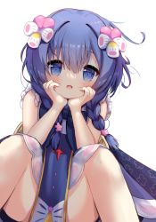Rule 34 | 1girl, :d, blue dress, blue eyes, blue hair, blush, braid, dress, feet out of frame, flower, flower knight girl, hair flower, hair ornament, hair over shoulder, hands up, highres, knees up, long hair, looking at viewer, low twintails, open mouth, siera (sieracitrus), simple background, sitting, sleeveless, sleeveless dress, smile, solo, spread legs, twin braids, twintails, viola (flower knight girl), white background, white flower