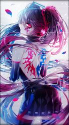 Rule 34 | 1055, 1girl, aqua hair, backless outfit, bare shoulders, blue hair, cowboy shot, detached collar, elbow sleeve, floating hair, from behind, hatsune miku, headphones, highres, long hair, looking at viewer, looking back, nail polish, open mouth, petals, red eyes, shoulder blades, simple background, skirt, sleeveless, solo, tattoo, thighhighs, twintails, very long hair, vocaloid, zettai ryouiki
