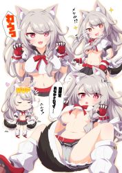 Rule 34 | 1girl, animal ears, azur lane, belt, blush, breasts, claw pose, crop top, fang, fingerless gloves, gloves, grey hair, groin, highres, kei fukamiki, large breasts, long hair, loose socks, microskirt, multicolored nails, nail polish, navel, open mouth, panties, pink eyes, simple background, skirt, slit pupils, smile, socks, solo, tail, thick eyebrows, underboob, underwear, very long hair, white panties, wolf ears, wolf girl, wolf tail, wrist cuffs, yuudachi (azur lane)
