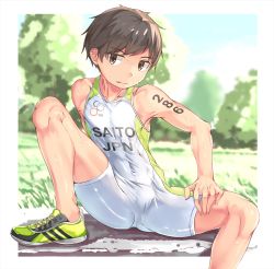 Rule 34 | 1boy, brown eyes, brown hair, bulge, erection, erection under clothes, highres, licking, male focus, matching hair/eyes, nayoshi (r-744), original, shoes, short hair, sneakers, solo, sportswear, sweat, tongue, tongue out, track uniform