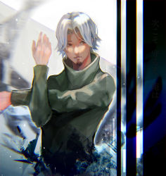 Rule 34 | 1boy, blurry, blurry background, brown sweater, closed mouth, cropped torso, facial hair, goatee, grey background, grey hair, highres, kyuuba melo, long sleeves, looking at viewer, male focus, parted bangs, red eyes, solo, sweater, tokyo ghoul, yomo renji