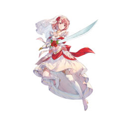 Rule 34 | 1girl, boots, bow, bridal veil, bride, detached sleeves, dress, fire emblem, fire emblem engage, fire emblem heroes, flower, gloves, gold trim, halterneck, holding, holding sword, holding weapon, lapis (fire emblem), lapis (mighty bride) (fire emblem), miwabe sakura, nintendo, official alternate costume, official art, pink eyes, pink hair, red bow, red flower, red rose, rose, solo, sword, thigh boots, thighhighs, veil, weapon, wedding dress, white background, white dress, white gloves, zettai ryouiki