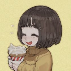 Rule 34 | +++, 1girl, blush, bob cut, brown hair, child, closed eyes, commentary request, eating, food, food on face, holding, holding food, ice cream, ice cream cone, jun (navigavi), little sister (navigavi), open mouth, original, short hair, simple background, smile, snot, soft serve, solo, sweater, upper body, yellow sweater