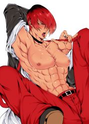 Rule 34 | 1boy, abs, armpits, bad id, bad pixiv id, bara, bulge, choker, artistic error, hair over one eye, jewelry, male focus, medo kyun, muscular, pants, pectorals, red hair, red pants, ring, saliva, unworn shirt, simple background, sitting, solo, sweat, the king of fighters, white background, yagami iori