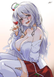 Rule 34 | 1girl, ayuman, breasts, brown eyes, cleavage, collared shirt, cup, dress shirt, drinking glass, grey hair, hat, highres, kantai collection, large breasts, mini hat, open mouth, pola (kancolle), red skirt, shirt, sitting, skirt, smile, solo, teeth, thick eyebrows, thighhighs, tilted headwear, upper teeth only, wavy hair, white shirt, white thighhighs, wine glass