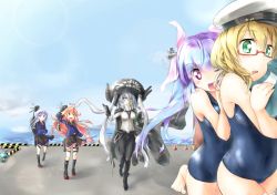 Rule 34 | 10s, 5girls, abyssal ship, bodysuit, cape, dress, i-19 (kancolle), i-8 (kancolle), kantai collection, multiple girls, one-piece swimsuit, rinrin (927413), sailor dress, school swimsuit, swimsuit, thumbs up, uzuki (kancolle), wo-class aircraft carrier, yayoi (kancolle)