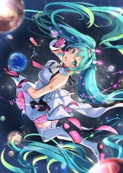 Rule 34 | 1girl, :d, aqua eyes, aqua hair, bare shoulders, blowing bubbles, floating hair, gloves, hatsune miku, highres, kyashii (a3yu9mi), long hair, looking at viewer, midair, open mouth, planet, sleeveless, smile, solo, space, star (sky), twintails, vocaloid