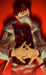 Rule 34 | 1boy, brown hair, coat, commentary request, cracking knuckles, fur trim, interlocked fingers, long sleeves, looking at viewer, male focus, mask, open clothes, open coat, original, plague doctor mask, red background, red eyes, scar, shadow, solo, tassel, upper body, white coat, yamakawa