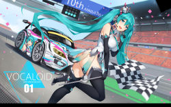 Rule 34 | 1girl, absurdres, adapted costume, anniversary, aqua eyes, aqua hair, aqua necktie, black footwear, black gloves, bmw, boots, car, checkered flag, copyright name, day, dutch angle, elbow gloves, flag, from side, gem, gloves, hair between eyes, halterneck, hatsune miku, headset, high heel boots, high heels, highres, legs apart, leotard, letterboxed, long hair, motor vehicle, necktie, open mouth, outdoors, parted bangs, race queen, race vehicle, racecar, racetrack, racing miku, red gemstone, solo, standing, standing on one leg, thigh boots, thighhighs, twintails, v, very long hair, vocaloid, yykuaixian