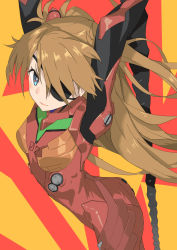 Rule 34 | 1girl, arched back, armpits, arms up, ass, blue eyes, blush, bodysuit, breasts, brown hair, cowboy shot, duct tape, eyepatch, floating hair, from side, hair ornament, highres, jonsun, lance of longinus (evangelion), light smile, long hair, looking at viewer, neon genesis evangelion, orange background, parted bangs, petals, pilot suit, plugsuit, polearm, rebuild of evangelion, red background, skinny, small breasts, smile, solo, souryuu asuka langley, spear, taut clothes, turtleneck, two side up, very long hair, weapon, wide hips