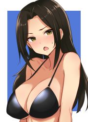 Rule 34 | 1girl, bare shoulders, bikini, black bikini, blue background, blush, border, breasts, brown hair, chestnut mouth, cleavage, collarbone, commentary request, green eyes, halterneck, head tilt, idolmaster, idolmaster cinderella girls, large breasts, long hair, looking at viewer, mukai takumi, open mouth, outside border, parted bangs, sidelocks, simple background, solo, sweatdrop, swimsuit, tomajiyama, upper body, white border