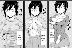 Rule 34 | 1girl, abs, black hair, breasts, buttons, cleavage, collarbone, dressing, female focus, grey background, greyscale, hitomi-chan wa hitomishiri, jacket, large breasts, midriff, monochrome, no bra, open clothes, open jacket, open shirt, panels, short hair, skirt, solo, solo focus, sweater, takano hitomi, text focus, thighs, tomboy, zipper