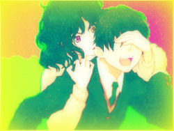 Rule 34 | 1boy, 1girl, amagami, biting, black hair, colorful, covering privates, covering face, covering own eyes, ear biting, short hair, wavy hair