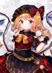 Rule 34 | 1girl, alternate costume, belt, black dress, blonde hair, blush, bow, breasts, brown belt, commentary request, crystal, dress, dress bow, earrings, flandre scarlet, frilled bow, frills, hat, hat ribbon, jewelry, looking at viewer, mob cap, nail polish, open mouth, pointy ears, puffy short sleeves, puffy sleeves, red eyes, red nails, red ribbon, ribbon, sakizaki saki-p, short sleeves, side ponytail, simple background, skirt, small breasts, solo, stuffed animal, stuffed rabbit, stuffed toy, teddy bear, touhou, twitter username, white background, wings, wrist cuffs