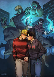 Rule 34 | 2boys, alien, bara, black hair, blonde hair, blue fire, blush, cityscape, couple, cris art, denim, feet out of frame, fire, forehead protector, hand in pocket, heads together, holding hands, hood, hood down, hooded jacket, hulkling, interlocked fingers, interspecies, jacket, jeans, long sideburns, male focus, marvel, multiple boys, muscular, muscular male, pants, pectorals, pyrokinesis, shirt, short hair, sideburns, sleeveless, sleeveless shirt, smile, superhero costume, thick eyebrows, tight clothes, tight shirt, walking, wiccan, yaoi