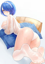 Rule 34 | 1girl, absurdres, ass, azur lane, bad id, bad pixiv id, blue eyes, blue hair, breasts, chapayev (azur lane), chapayev (white cavalier&#039;s respite) (azur lane), cl (summer sama), cleavage, commentary, expressionless, eyes visible through hair, feet, feet up, foot focus, foreshortening, hair over one eye, hairband, highres, lips, looking at viewer, looking back, lying, medium breasts, official alternate costume, on side, on stomach, panties, parted bangs, pillow, see-through, shirt, short hair, simple background, soles, solo, thighs, underwear, wet, wet clothes, wet shirt, white background, white legwear, white panties, white shirt