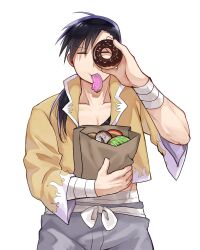 Rule 34 | 1boy, bag, bandaged arm, bandages, black hair, closed eyes, cowboy shot, doughnut, food, food in mouth, fullmetal alchemist, grey pants, highres, holding, holding bag, holding food, huyuyuyuyu27, ling yao, long hair, looking through doughnut, pants, paper bag, ponytail, shirt, simple background, solo, white background, wide sleeves, yellow shirt