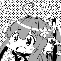 Rule 34 | 1girl, ahoge, cherry blossoms, collar, commentary request, drooling, flower, greyscale, hair flower, hair intakes, hair ornament, headgear, kantai collection, long hair, lowres, metal collar, monochrome, polka dot, polka dot background, ponytail, sakuramon, saliva, shirouri, solo, translation request, upper body, yamato (kancolle)