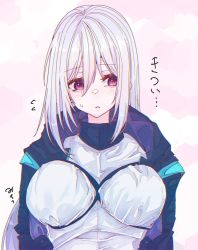 Rule 34 | 1girl, arknights, blush, breasts, cosplay, doctor (arknights), doctor (arknights) (cosplay), flying sweatdrops, highres, hood, hood down, long hair, looking to the side, parted lips, red eyes, silver hair, skadi (arknights), solo, sweatdrop, tsume3mai