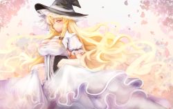 Rule 34 | 1girl, blonde hair, braid, breasts, cleavage, clothes lift, female focus, frilled hat, frills, hat, highres, kirisame marisa, large breasts, light smile, lips, long hair, aged up, single braid, skirt, skirt lift, solo, touhou, underbust, untue, very long hair, witch hat, yellow eyes