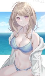 Rule 34 | 1girl, ahoge, akamatsu kaede, artist name, banned artist, bare shoulders, bikini, blonde hair, blue bikini, breasts, cleavage, collarbone, commentary request, danganronpa (series), danganronpa v3: killing harmony, fortissimo, grey background, grey jacket, hair ornament, highres, jacket, large breasts, long hair, long sleeves, looking at viewer, musical note, musical note hair ornament, nabekokoa, navel, shiny skin, smile, solo, stomach, swimsuit